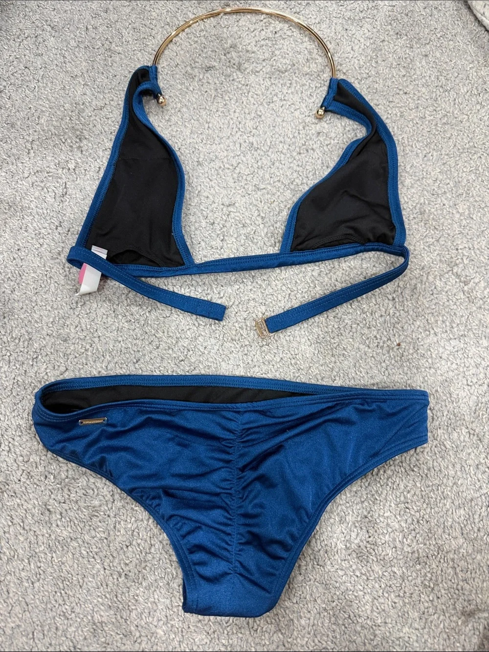 Vintage Victorias Secret Women’s Navy Blue Triangle Bikini Set Gold Neck Ring